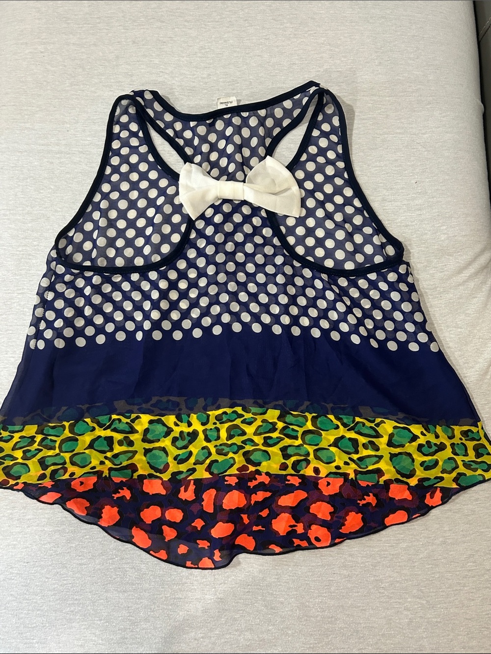 Beware! Girls Navy Polka Dot Racerback Tank with Neon Animal Trim Sz XL - Picture 6 of 7